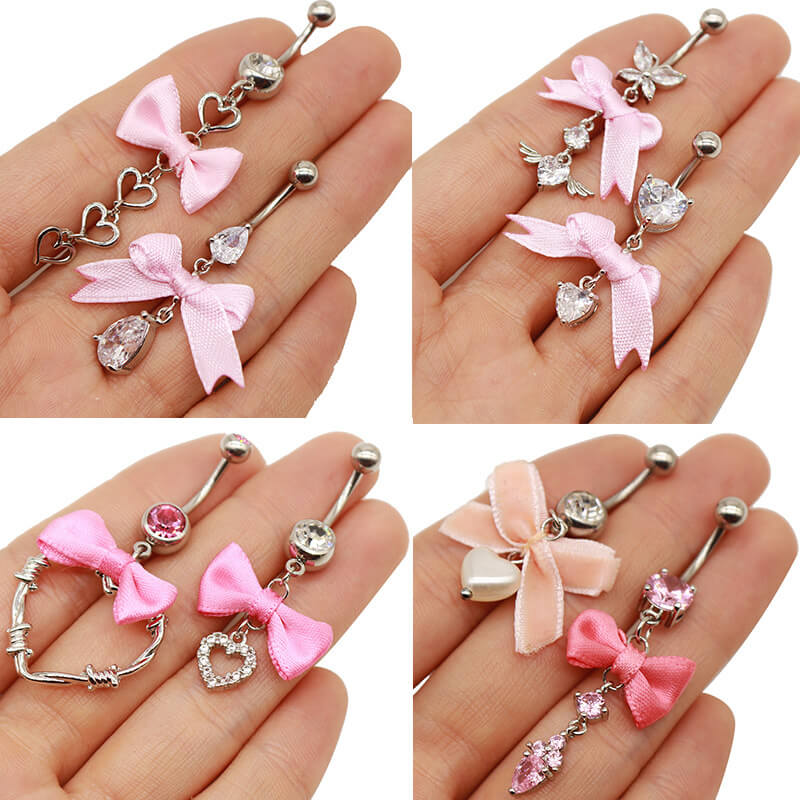 Pink Bow Heart-shaped Alloy Belly Ring