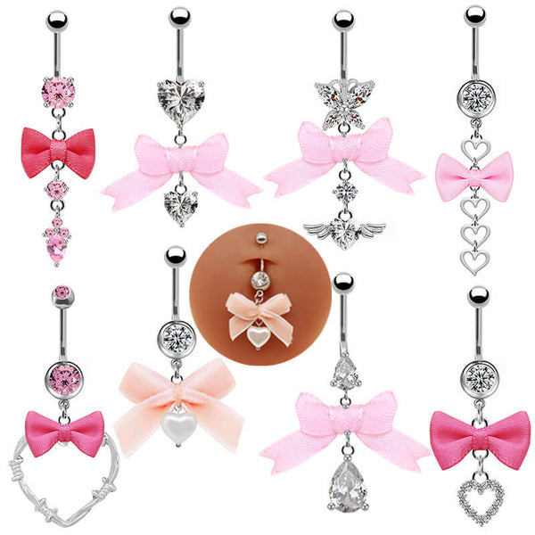 Pink Bow Heart-shaped Alloy Belly Ring | Gthic.com