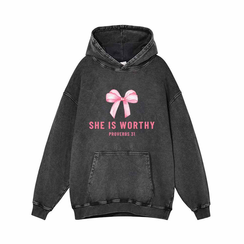 Pink Bow She is Worthy Vintage Washed Hoodie 01 | Gthic.com