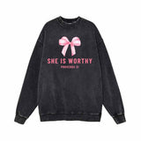 Pink Bow She is Worthy Vintage Washed Sweatshirt 01 | Gthic.com