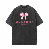 Pink Bow She is Worthy Vintage Washed T-shirt 01 | Gthic.com