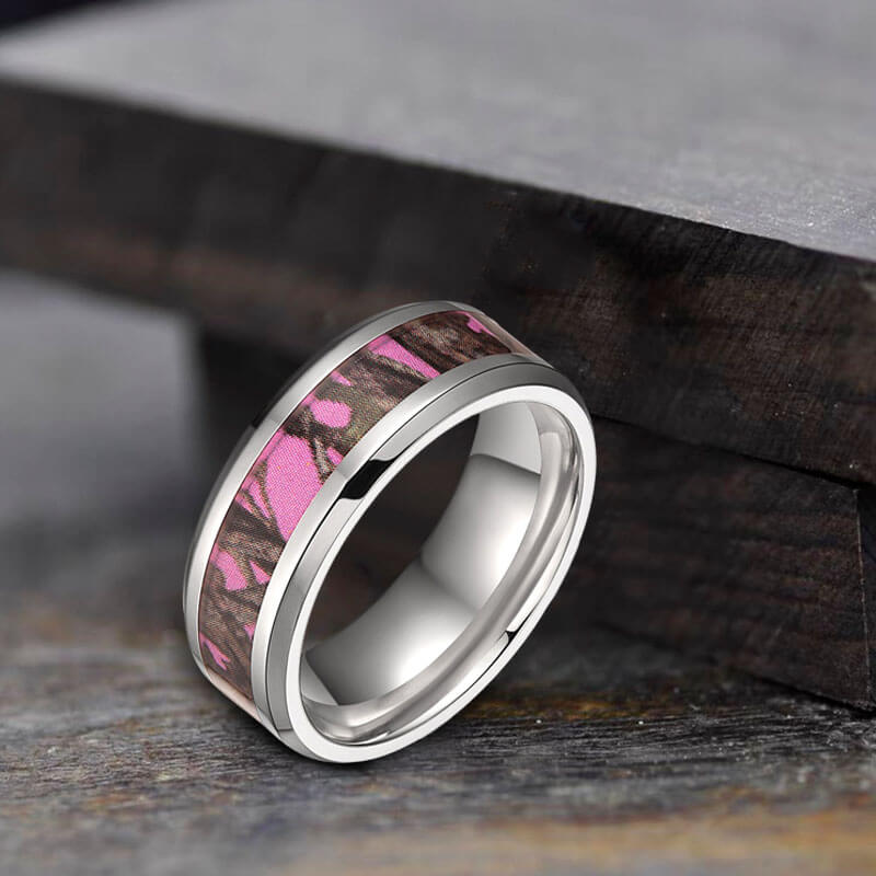 Men's Black Steel Steel Silver Gray Camouflage Wedding Ring