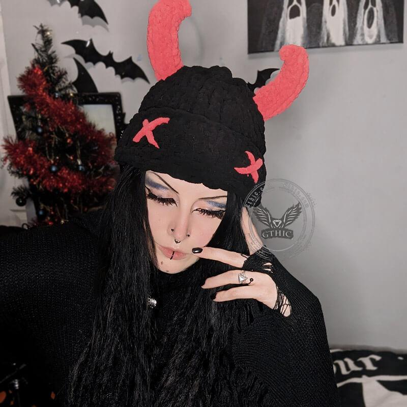 Pink Horn Demon Knitted Beanie Hat