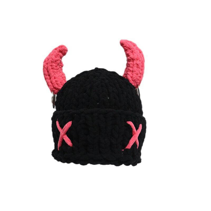 Pink Horn Demon Knitted Beanie Hat | Gthic.com