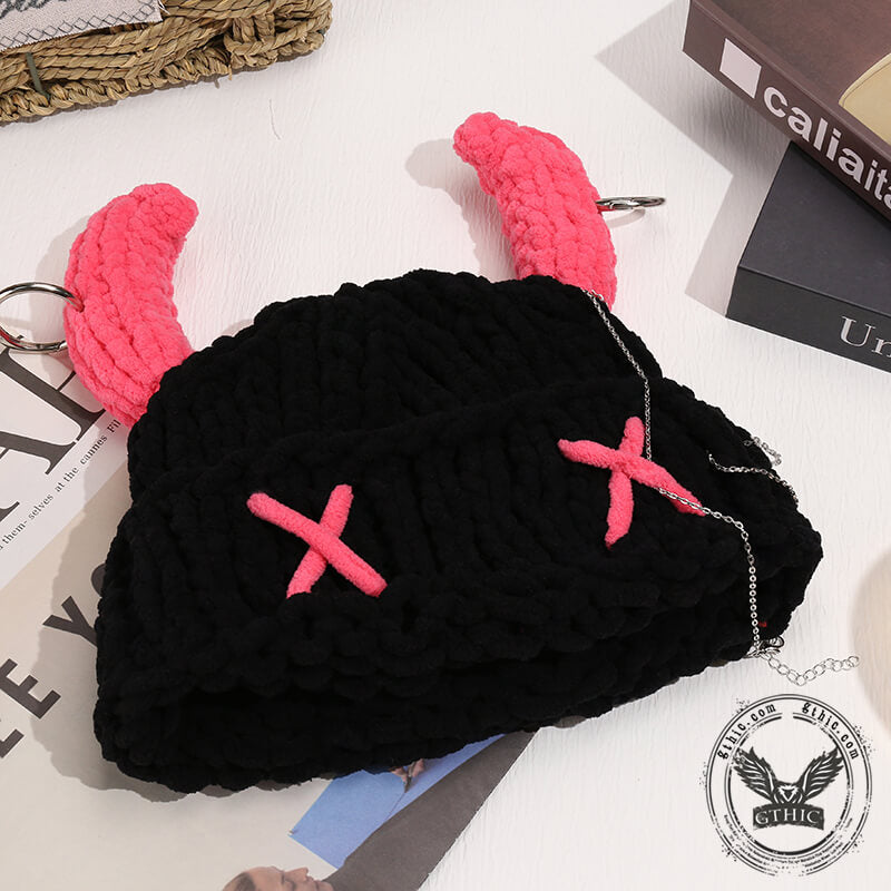 Pink Horn Demon Knitted Beanie Hat
