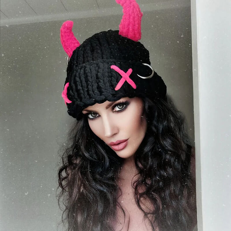 Pink Horn Demon Knitted Beanie Hat | Gthic.com