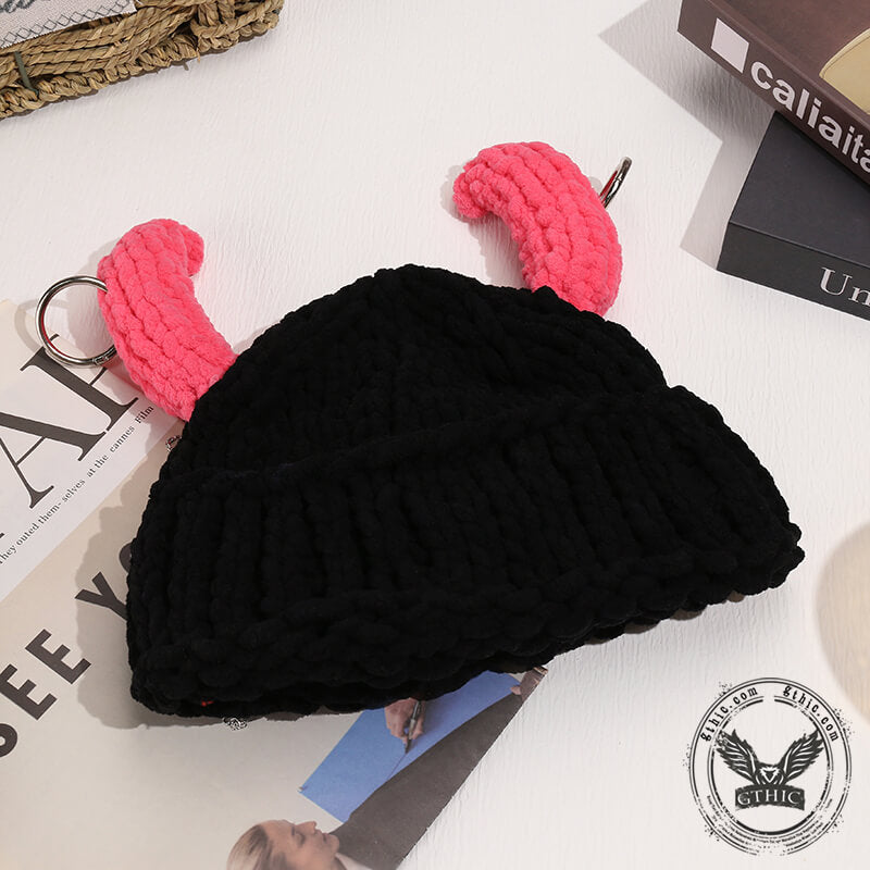 Pink Horn Demon Knitted Beanie Hat
