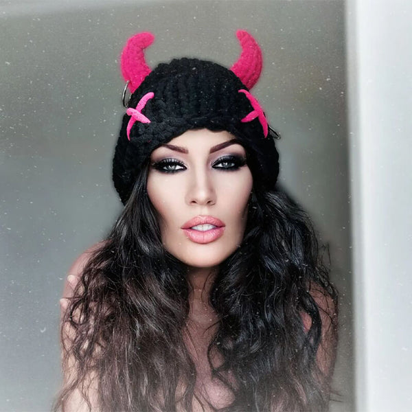 Pink Horn Demon Knitted Beanie Hat | Gthic.com