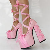 Pink Lace Up Ballet Wrap Platform Heels