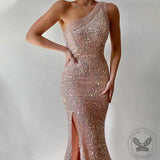 Pink Sparkly One Shoulder Sequin Dress | Gthic.com
