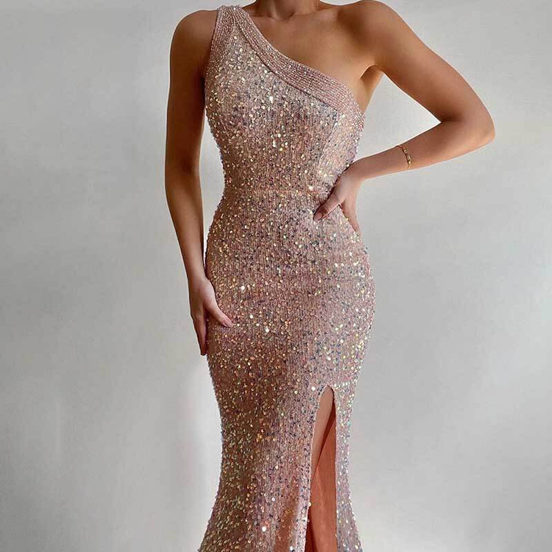 Pink Sparkly One Shoulder Sequin Dress | Gthic.com