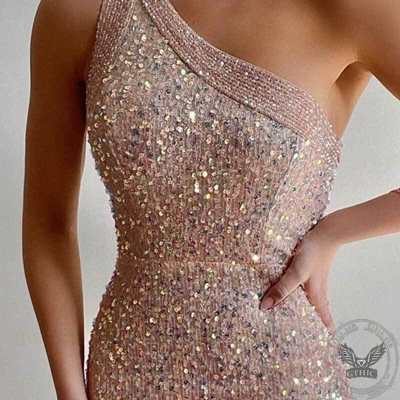 Pink Sparkly One Shoulder Sequin Dress | Gthic.com