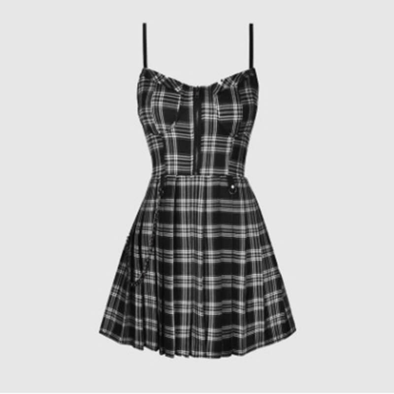Plaid Chain Zipper Pleated Slip Mini Dress | Gthic.com