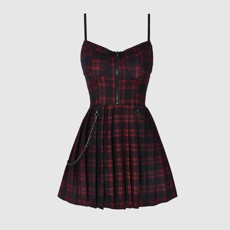 Plaid Chain Zipper Pleated Slip Mini Dress | Gthic.com