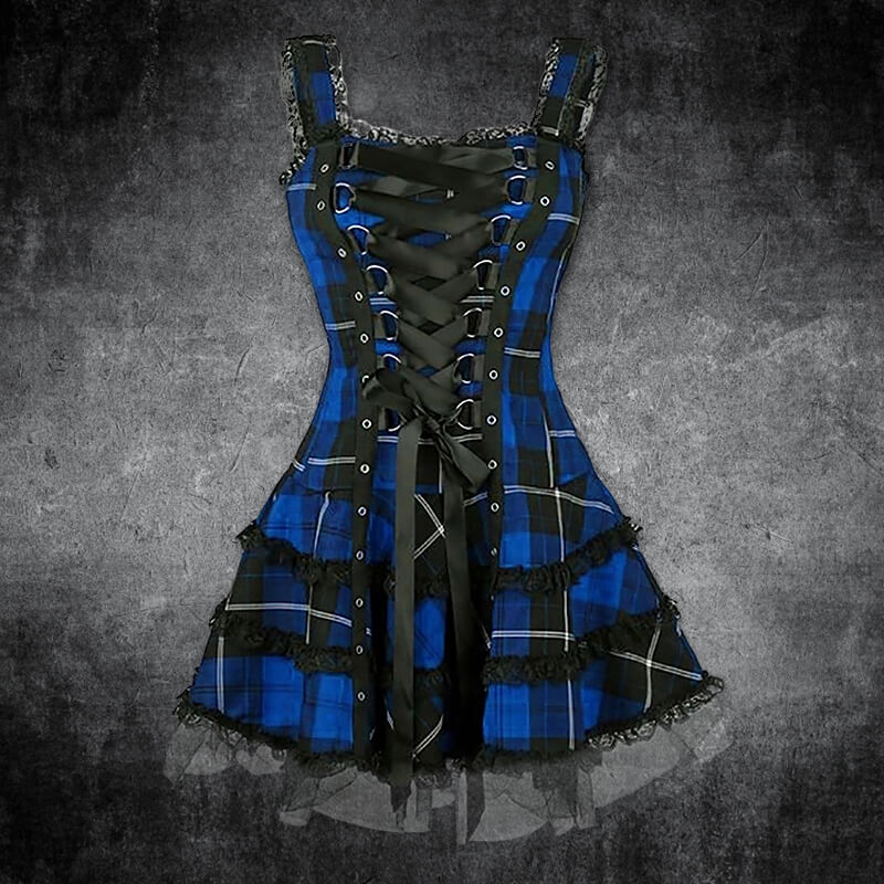 Plaid Dress Women Mall Goth Punk Aesthetic Zipper Bandage Corset Dress  Vintage Dark Gothic Alt Outfits-Blue,XL : : Fashion