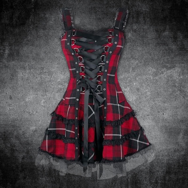 Women Gothic Dress - Lace Flannel Splicing Ruffled Tight Short