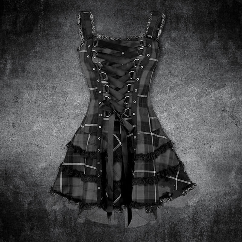 Plaid Lace Up Gothic Mini Dress, Black / XL (Bust 91 cm) Plaid Lace Up Gothic Mini Dress, Black / XL (Bust 91 cm)