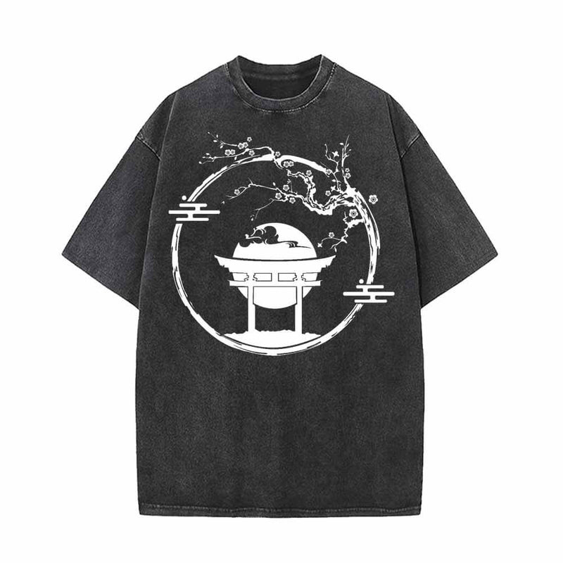 Plum Blossom Torii Full Moon Vintage Washed T-shirt | Gthic.com