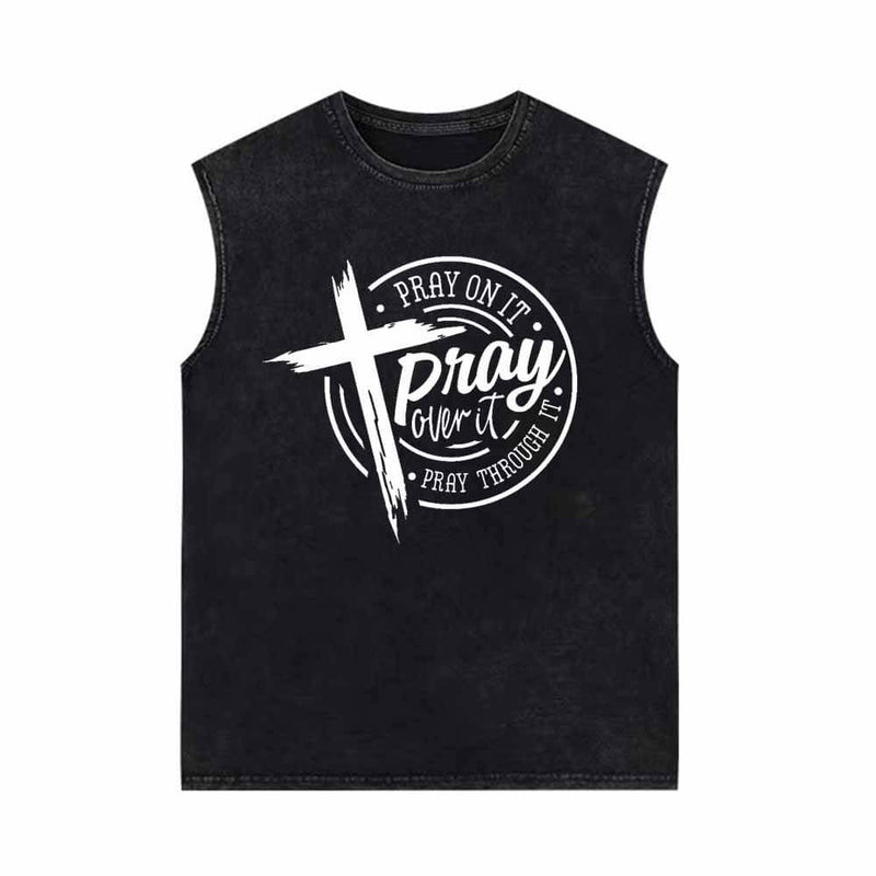 Pray On It Christian Cross Vintage Washed Vest Top 01 | Gthic.com