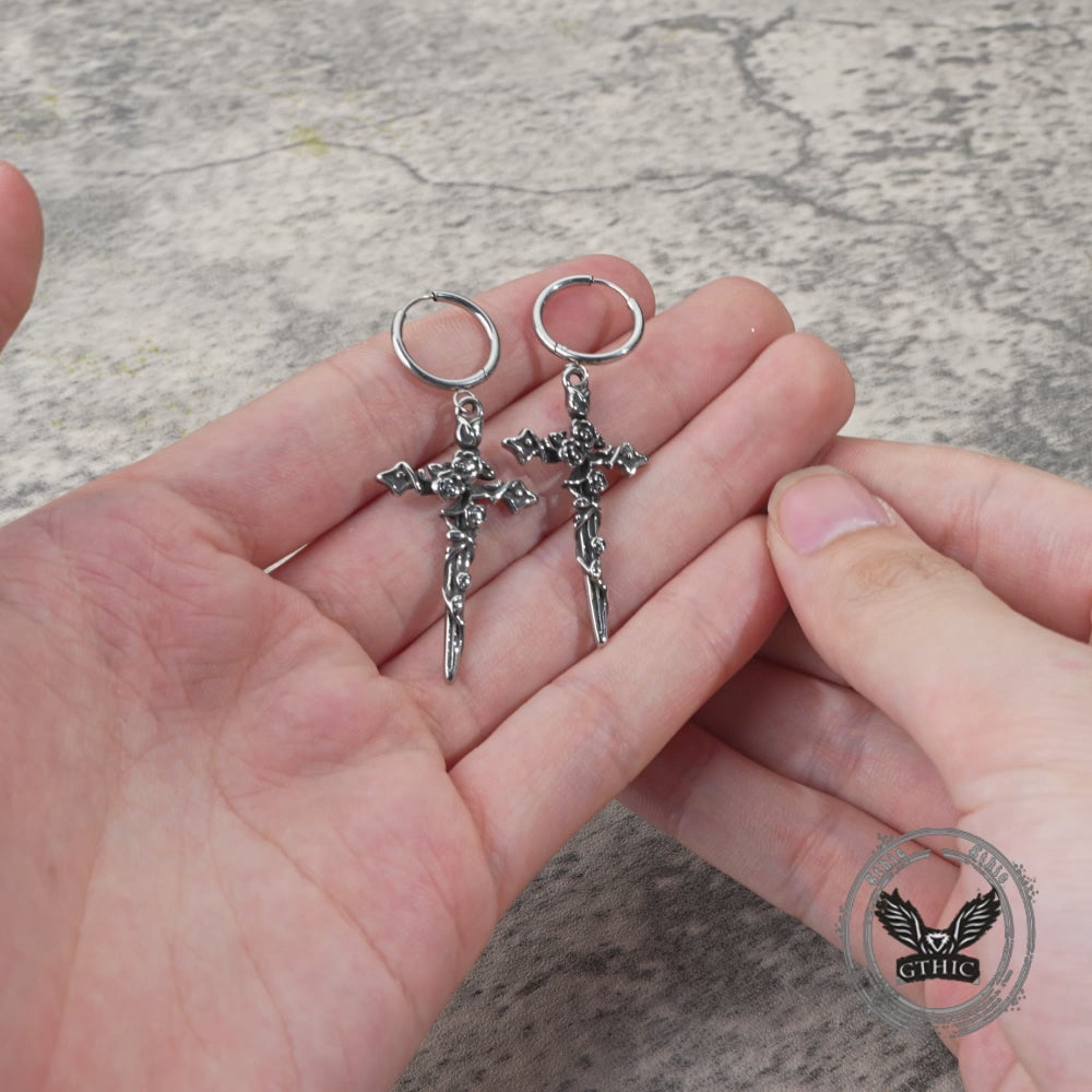 Gothic Forbidden Rose Cross Stainless Steel Hoop Earrings