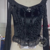 Off-Shoulder Flared Sleeves Slim-Fit Gothic Lace Top