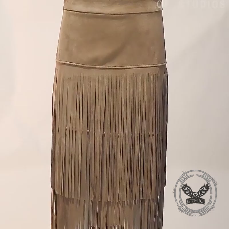 Retro Wild West Cowboy-Style Fringe Midi Skirt