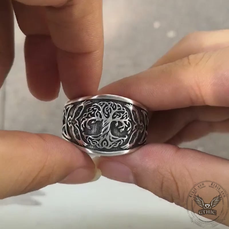 Bague viking arbre de vie corbeau en argent sterling