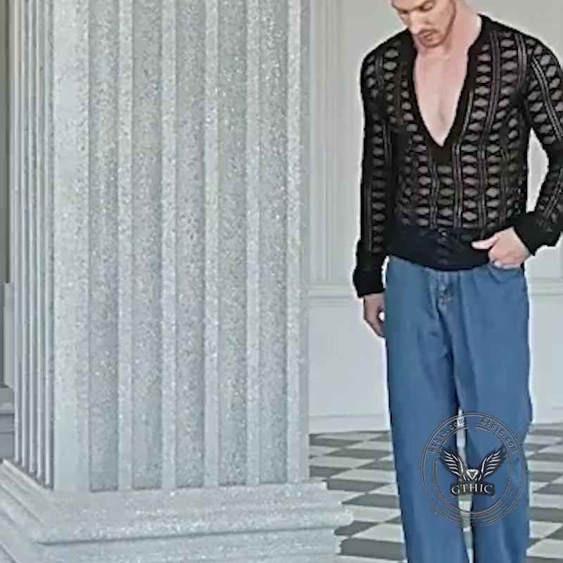 Solid Color V-Neck See-Through Lace Long Sleeve Top