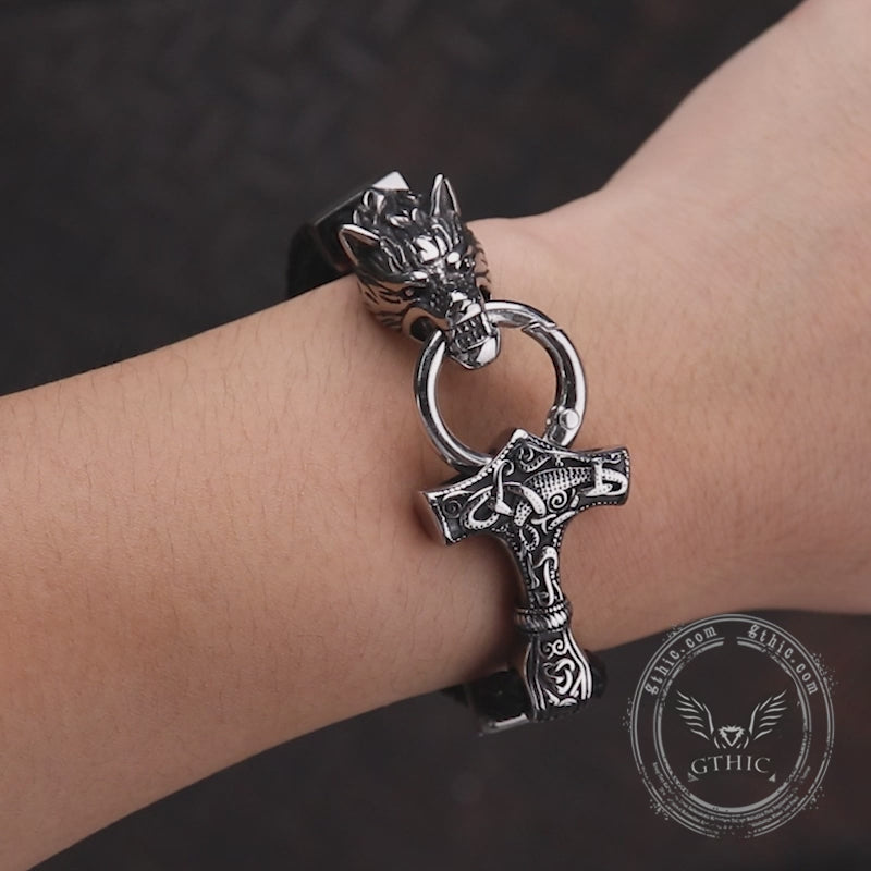 Pulsera de cuero de acero inoxidable con cabeza de lobo vikingo