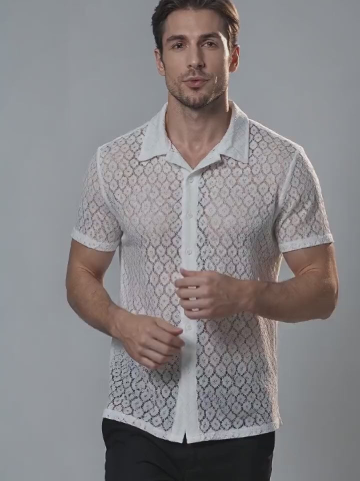Casual Sheer Cutout Lace Short-Sleeve Lapel Shirt