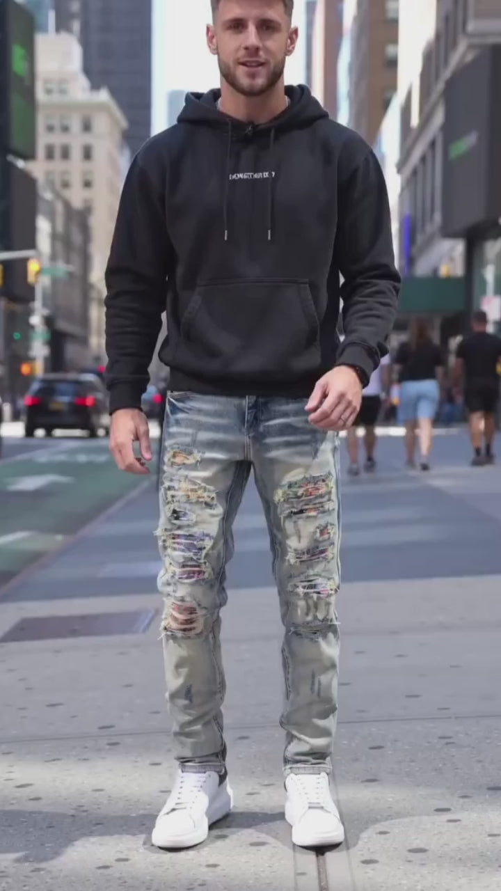 High-Street Distressed Patches Slim-Fit Stretch Jeans