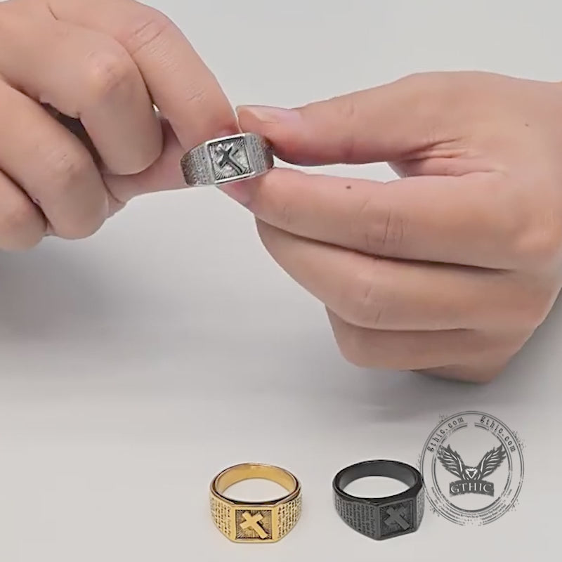 Vintage Cross Prayer Letter Stainless Steel Signet Ring