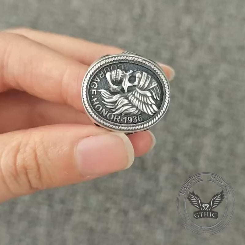 1936 Pirate Skull Sailboat Eagle Sterling Silver Ring