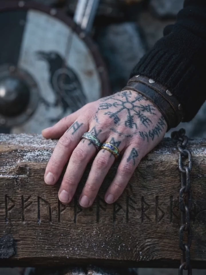 Viking Rune Abalone Shell Inlay Stainless Steel Ring