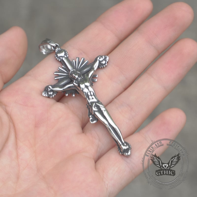 Holy Light Jesus Suffering Stainless Steel Cross Pendant