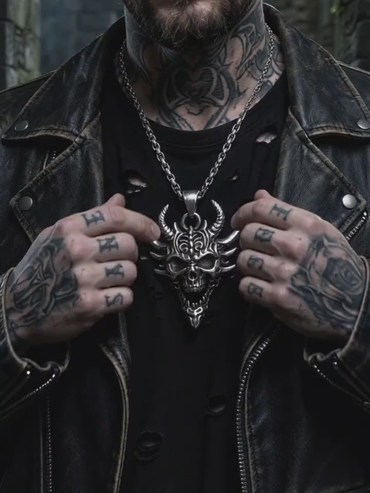 Gothic Hannya Horned Skull Stainless Steel Pendant