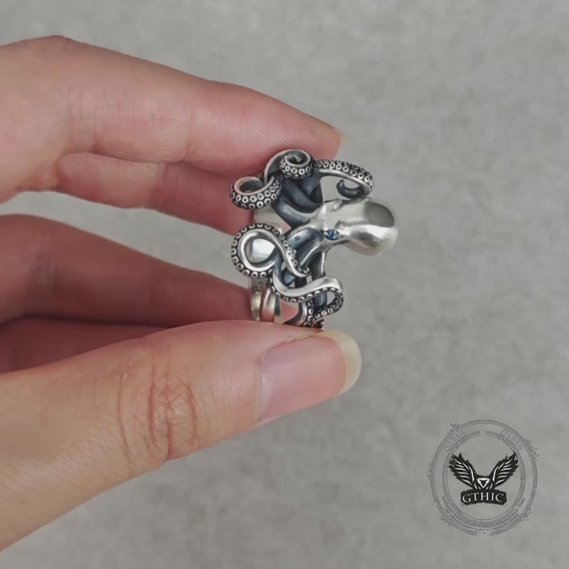 Vintage Gem Eye Octopus Tentacle Sterling Silver Marine Ring