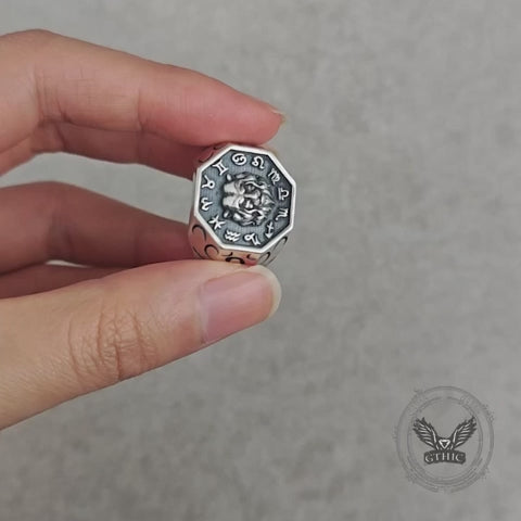 Anello teschio in argento sterling con segno zodiacale 12 costellazioni