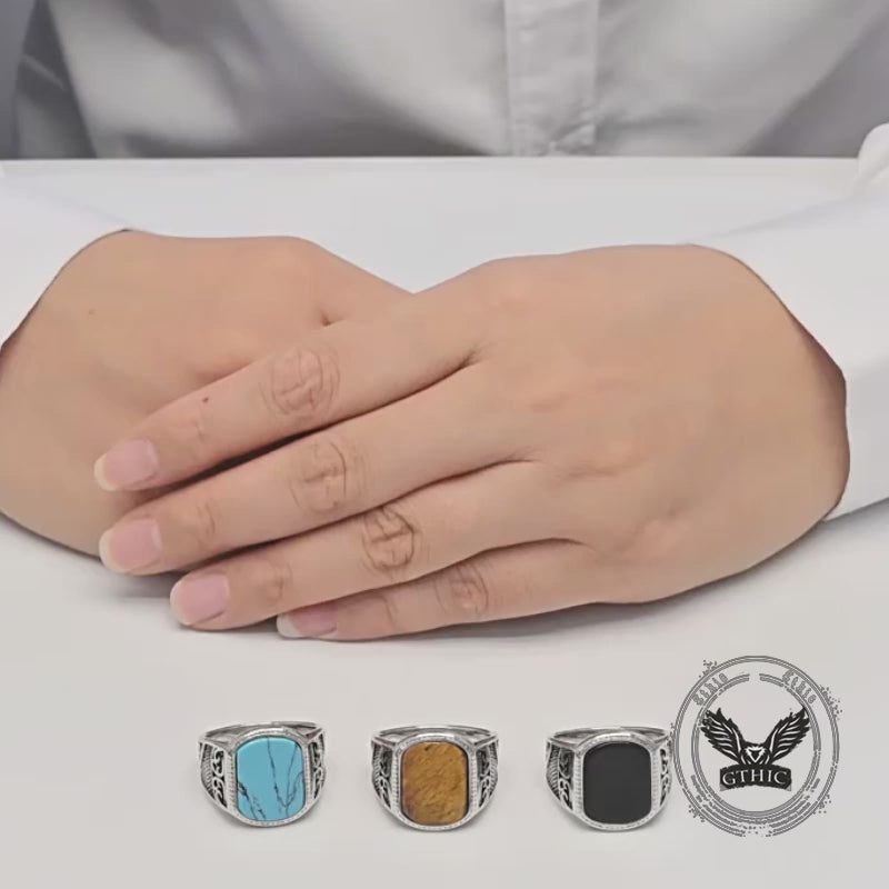 Vintage Engraved Pattern Gem Stainless Steel Ring