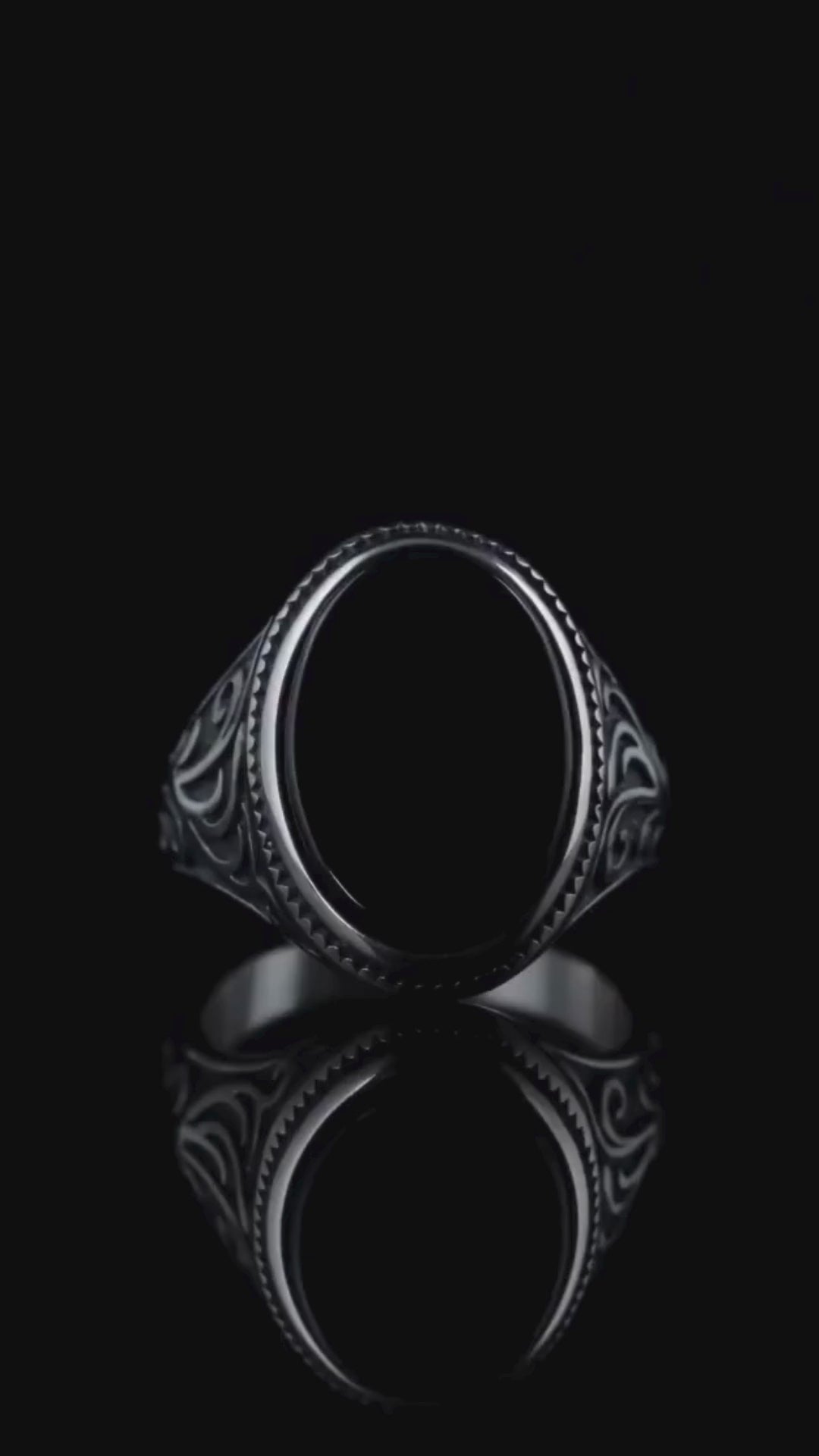 Black Oval Agate Carved Stainless Steel Ring