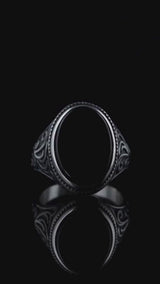 Black Oval Agate Carved Stainless Steel Ring