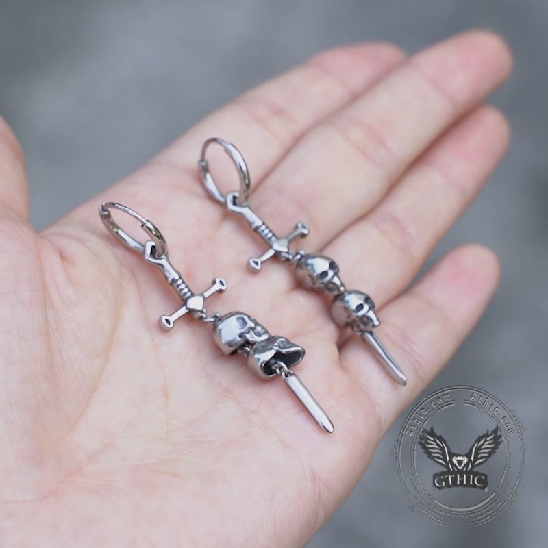 Gothic Sword Skulls Stainless Steel Hoop Earrings