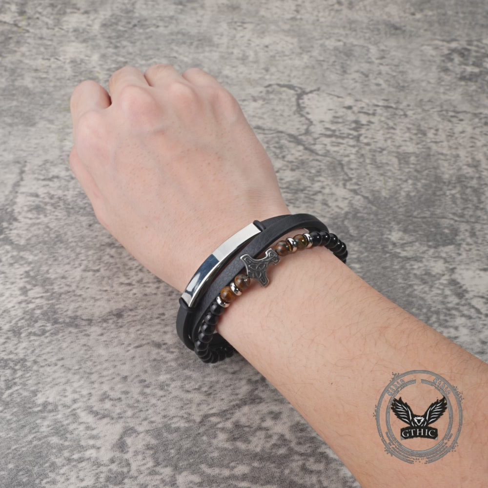 Thor's Hammer Agate Tiger Eye Stainless Steel Bracelet