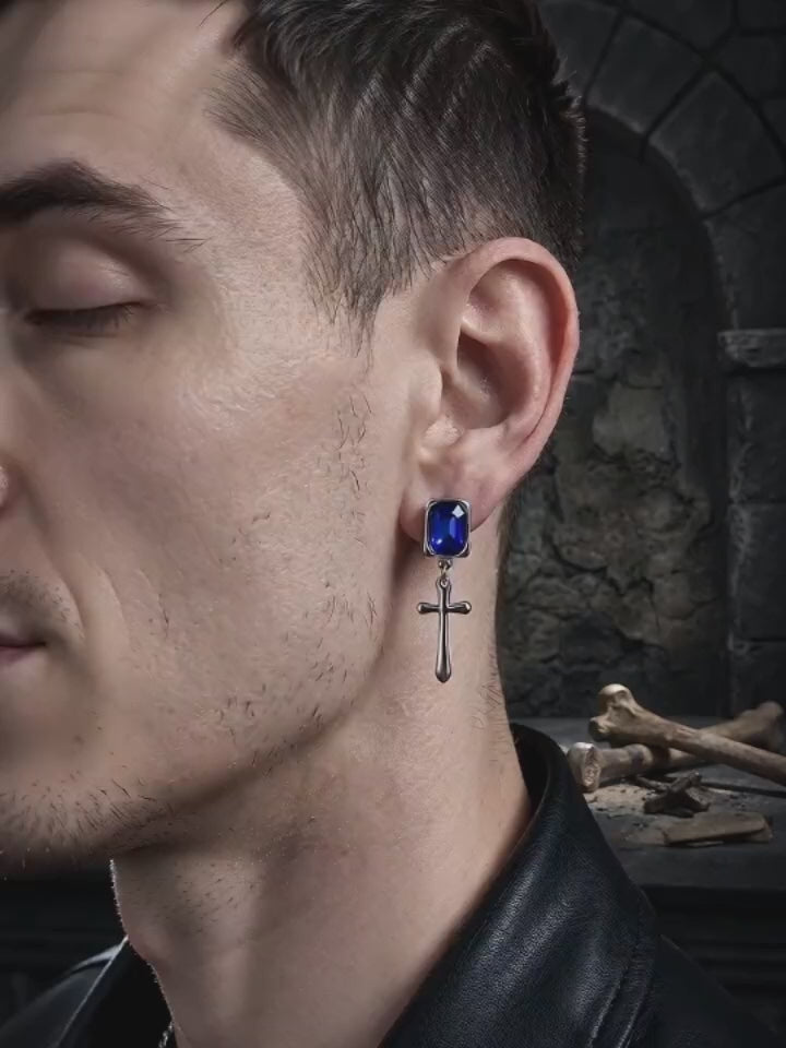 Gothic Cross Gemstone Stainless Steel Drop Earrings
