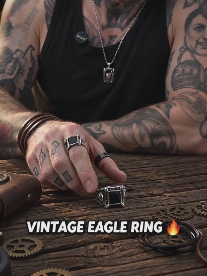 Vintage Eagle Black Square Gem Stainless Steel Ring