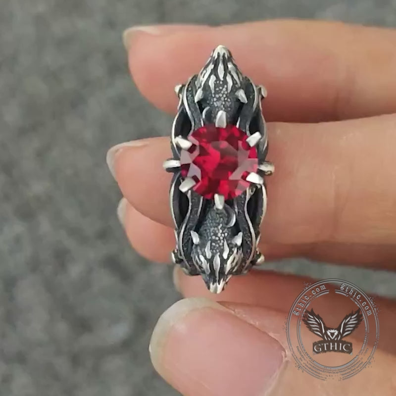 Gothic Tiger Heads Red Gem Sterling Silver Ring
