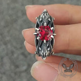 Gothic Tiger Heads Red Gem Sterling Silver Ring