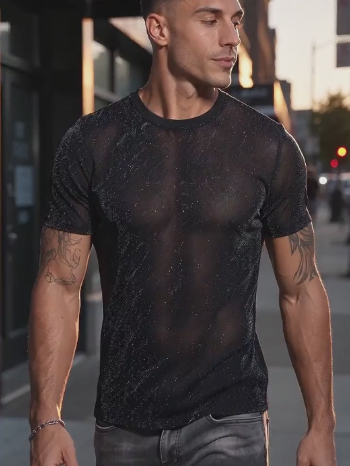 Stylish Glitter Mesh Slim-Fit Crew Neck T-shirt