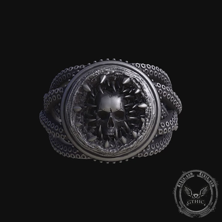 Anillo de plata de ley con tentáculos de pulpo y cabeza de calavera