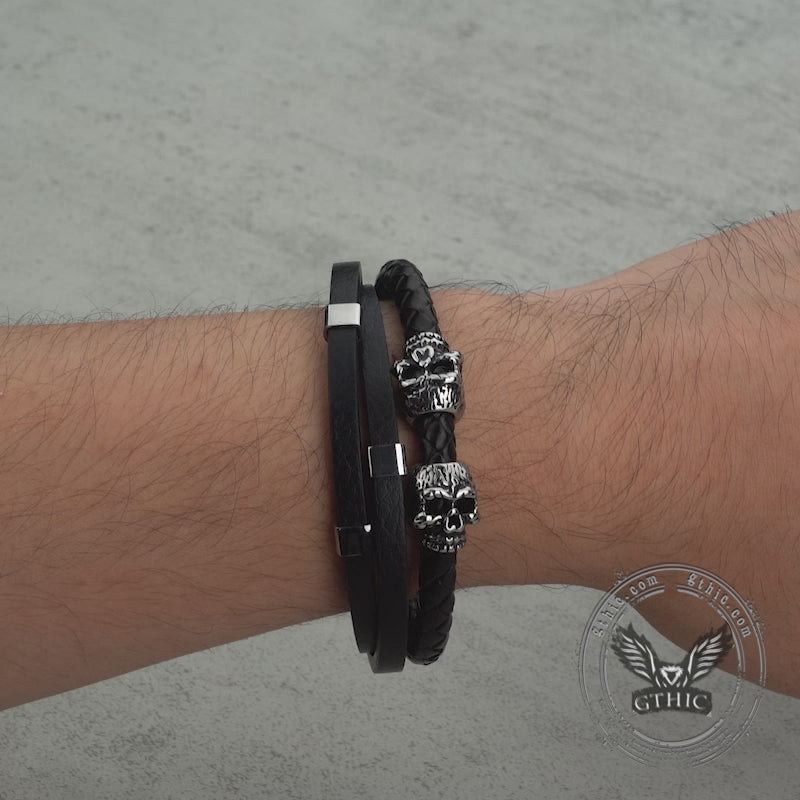 Gothic Double Skull Stainless Steel Leather Bracelet